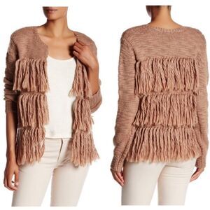 Trina Turk wool cardigan sweater jacket Fringe trim Brown tan S